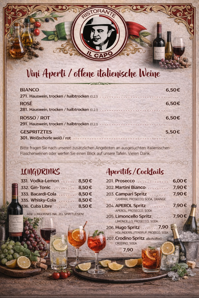 Speisekarte mit Weinen, Aperitifs und Getränken in einem rustikalen Layout.